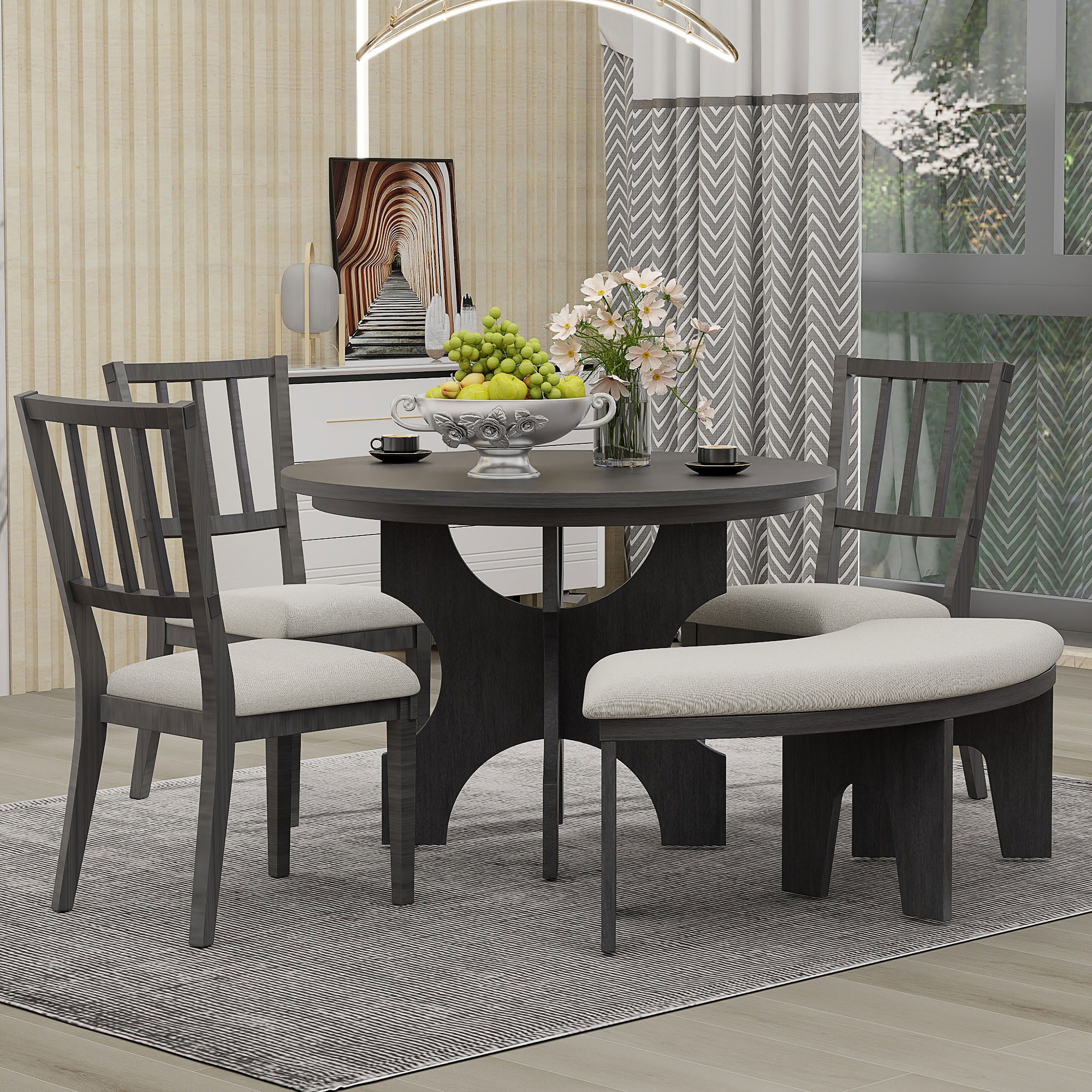 Gracie Oaks Modern Zanera 5-Piece Dining Table Set, 44" Round Dining Table with Curved Bench ...